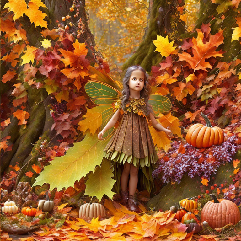 Child in fairy costume surrounded by autumn leaves and pumpkins