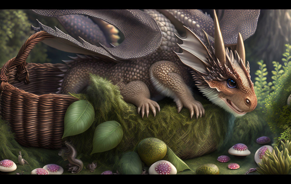 Brown-scaled dragon with white wings in forest setting with mushrooms and foliage