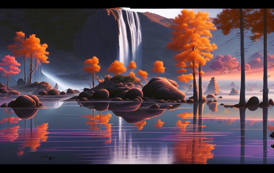 Orange-leafed forest, reflective water, towering waterfall in twilight landscape