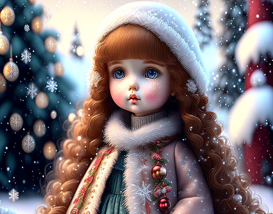 Porcelain doll digital artwork with blue eyes in winter setting