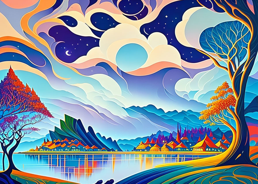 Colorful Landscape with Swirling Skies and Serene Lake