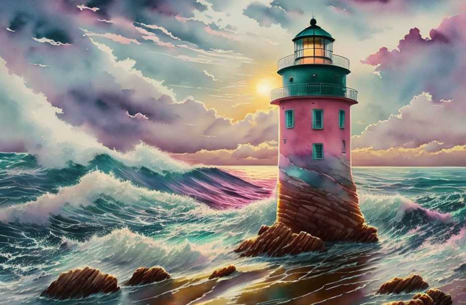 Lighthouse on rocky outcrop amid tumultuous seas at sunset