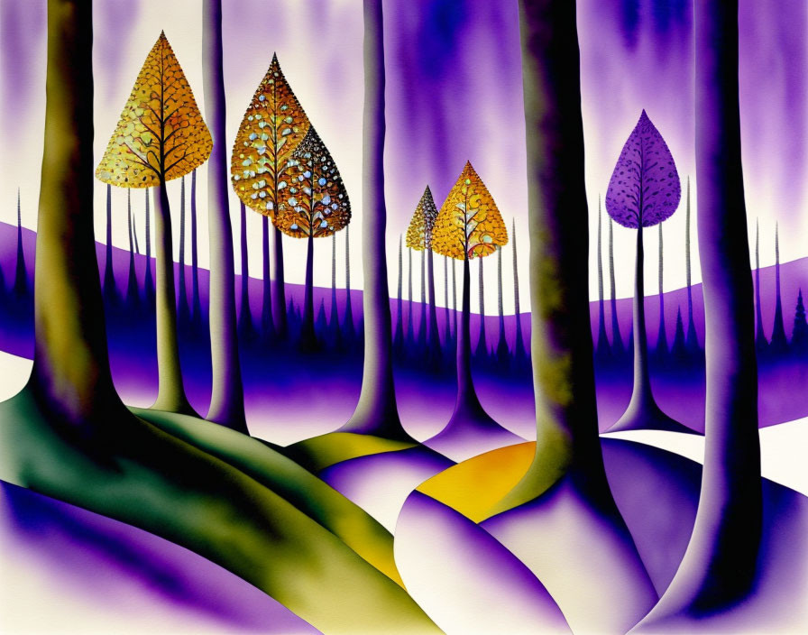 Colorful forest artwork with patterned leaves on slender trunks and purple hills.