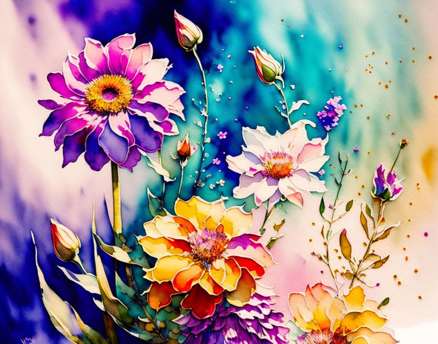 Colorful Watercolor Painting of Assorted Flowers on Soft Blue Background