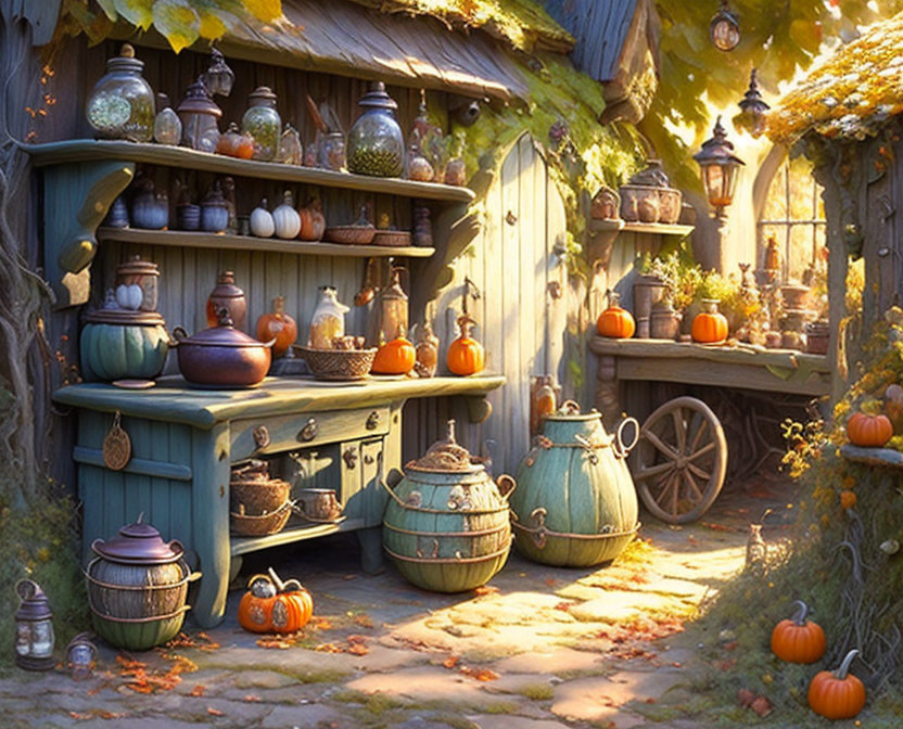 Rustic cottage kitchen exterior with pottery, pumpkins, and wagon wheel in sunlight