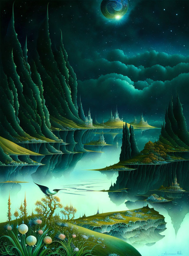 Surreal landscape with verdant cliffs, towering spires, tranquil river, and starry sky