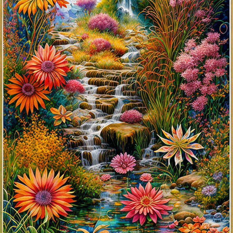 Colorful Painting of Cascading Waterfall & Lush Flora