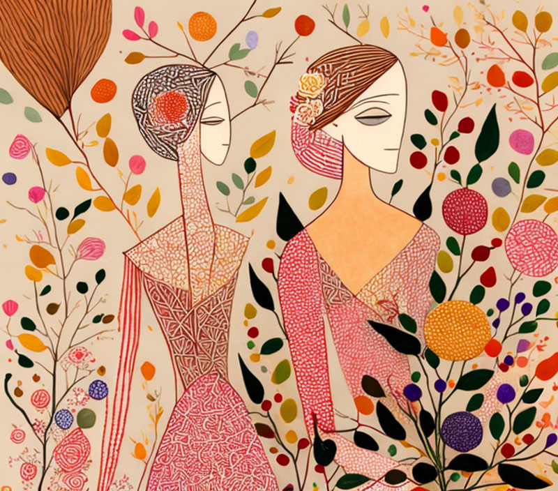 Colorful Floral and Botanical Patterns Surround Stylized Female Figures