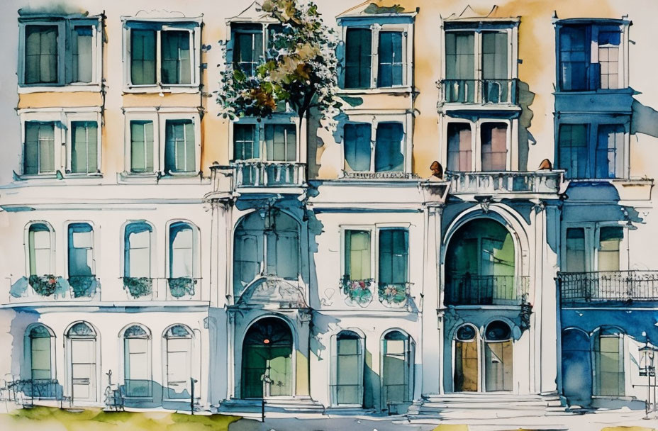 European Street Watercolor Painting with Colorful Facades