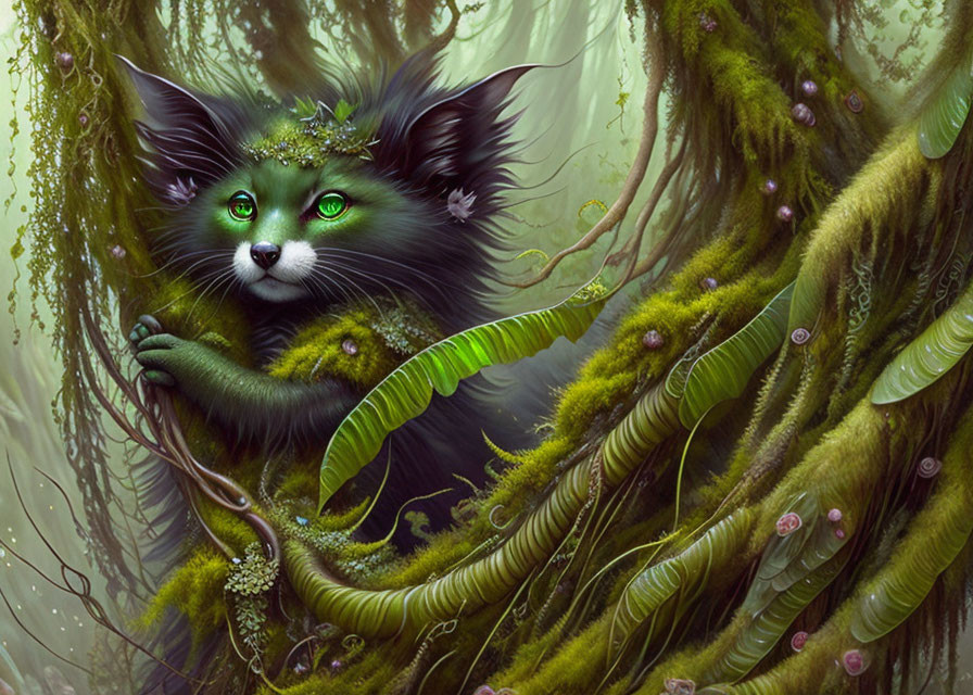 Mystical black cat with green eyes in lush fantasy forest