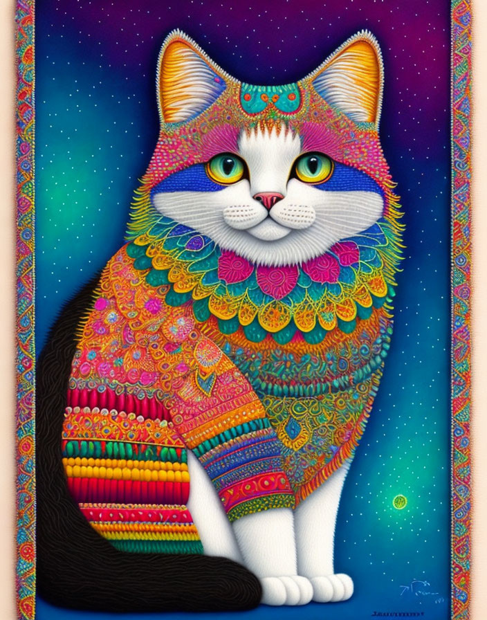 Colorful Cat Illustration with Intricate Patterns on Starry Blue Background