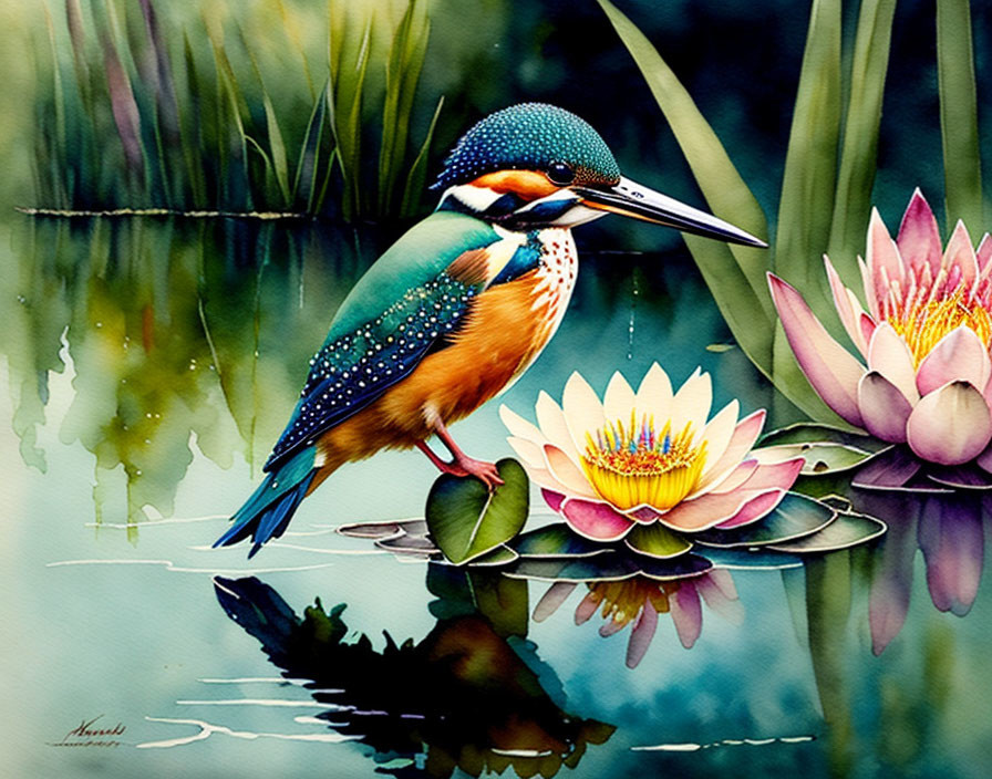 Colorful kingfisher on green leaf with water lilies and reflection in water