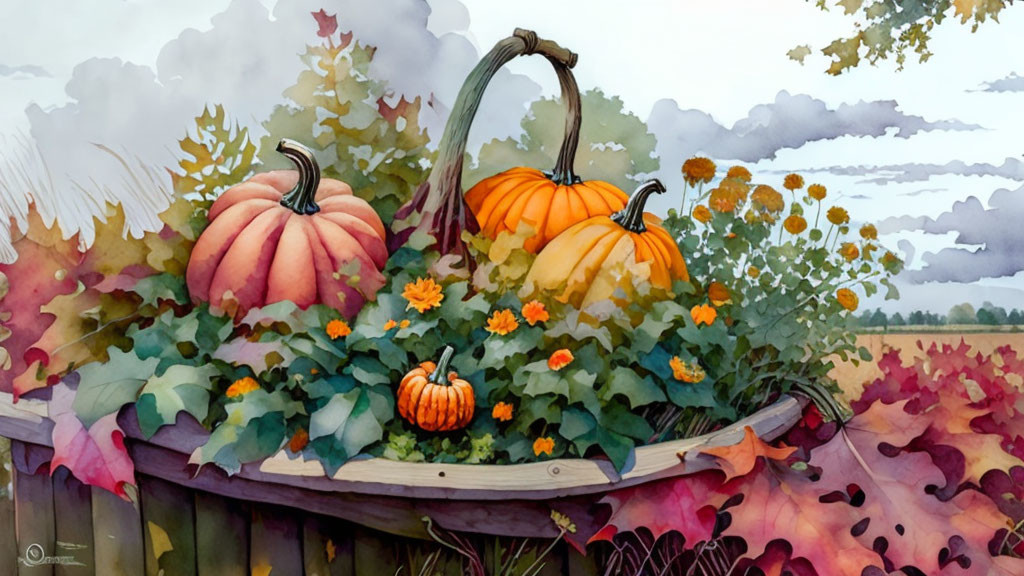 Vibrant autumn pumpkins in wooden cart with greenery