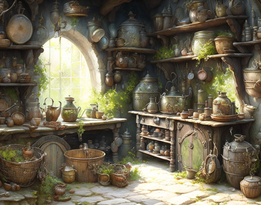 Rustic kitchen with pottery and pans in warm sunlight