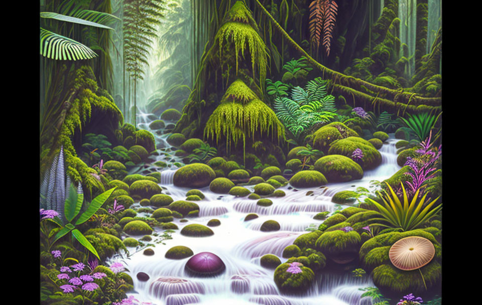 Tranquil forest scene with lush greenery, mossy rocks, stream, ferns, and