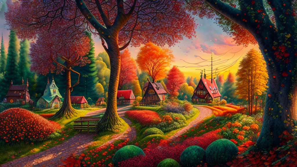 Colorful village scene with quaint houses, winding path, lush trees, and flowers at sunset