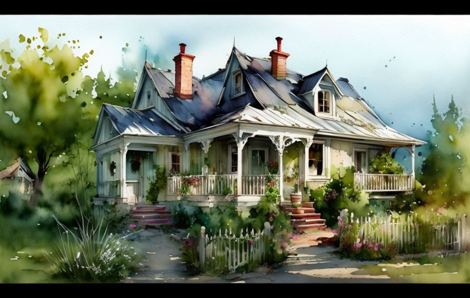 Charming old house watercolor painting with gables and garden