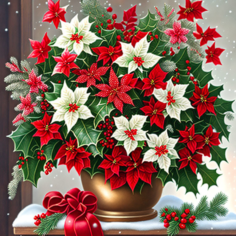 Red and White Poinsettias in Golden Pot on Snowy Window Backdrop