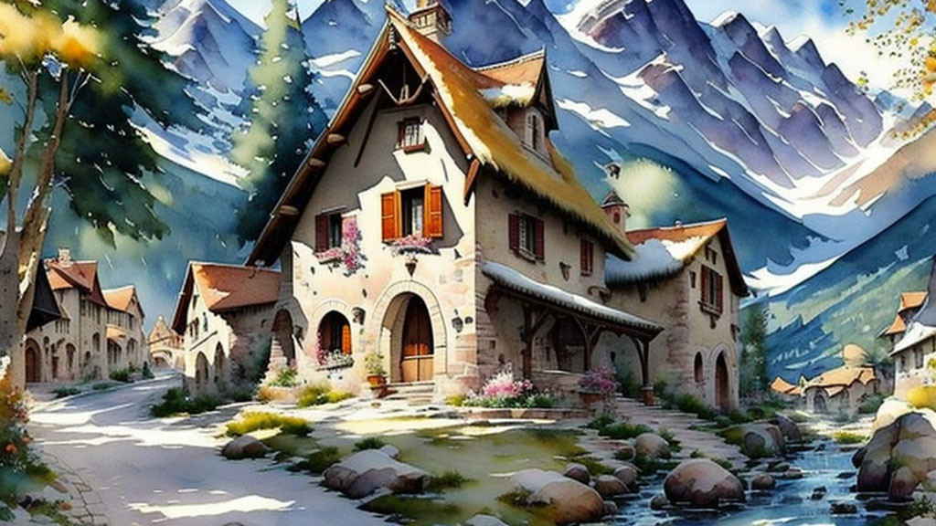 Scenic village: stone houses, flowers, stream, mountains