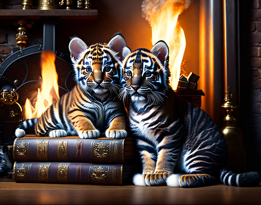 Two Tiger Cubs on Books in Classic Room with Fireplace