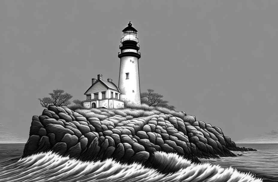 Monochrome lighthouse illustration on cliff with crashing waves