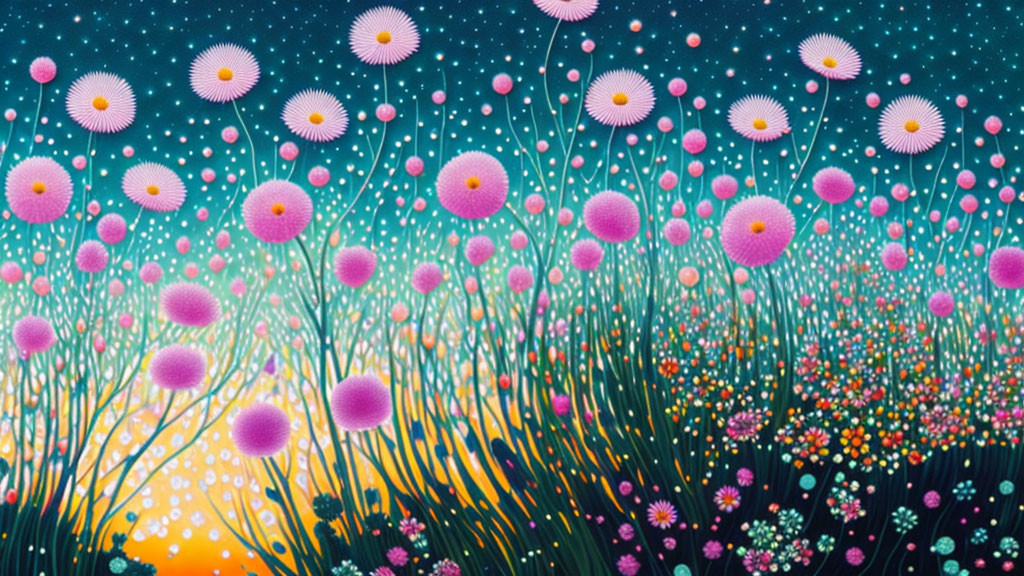 Colorful painting: Whimsical field with pink flowers under starry night sky