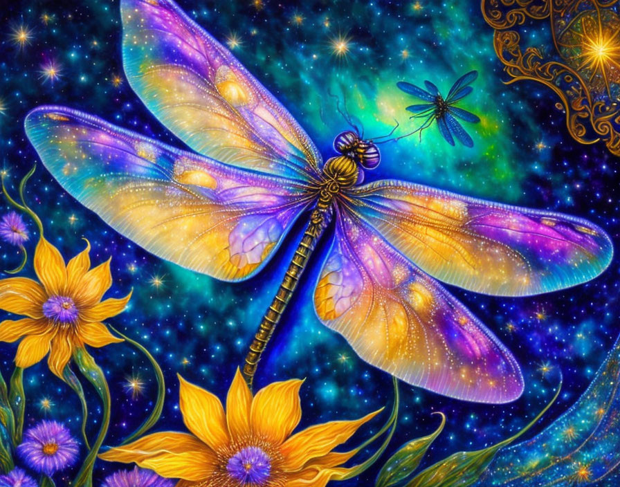 Colorful Dragonfly Illustration Among Yellow Flowers on Cosmic Blue Background