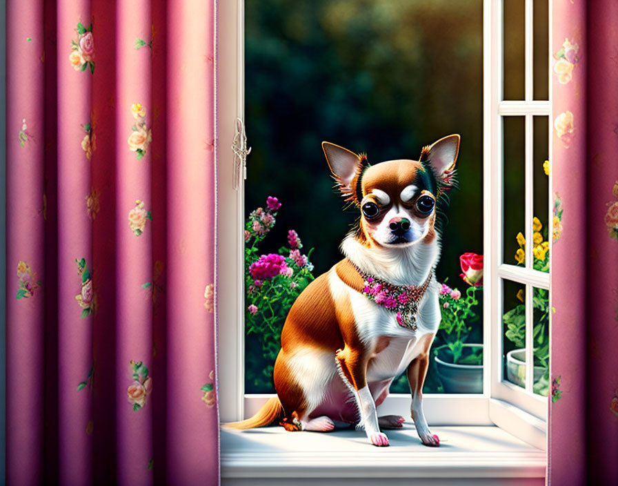 Chihuahua with floral necklace on windowsill with pink curtains