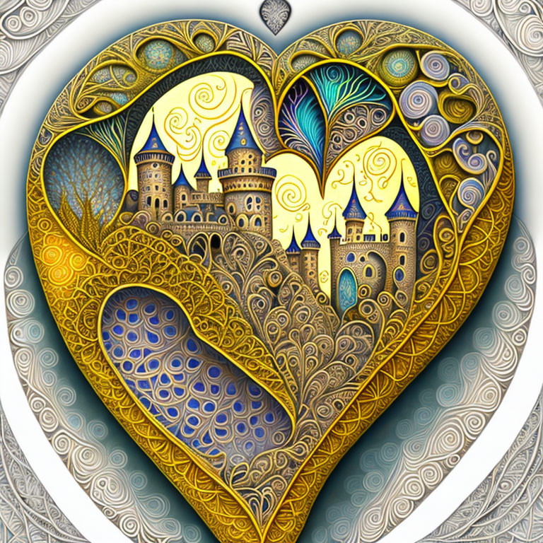 Detailed Heart-Shaped Castle Illustration with Swirls and Warm Palette