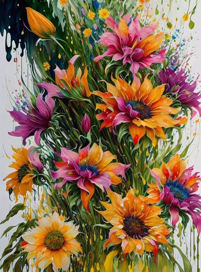 Colorful Flower Painting with Exaggerated Petals in Dynamic Style