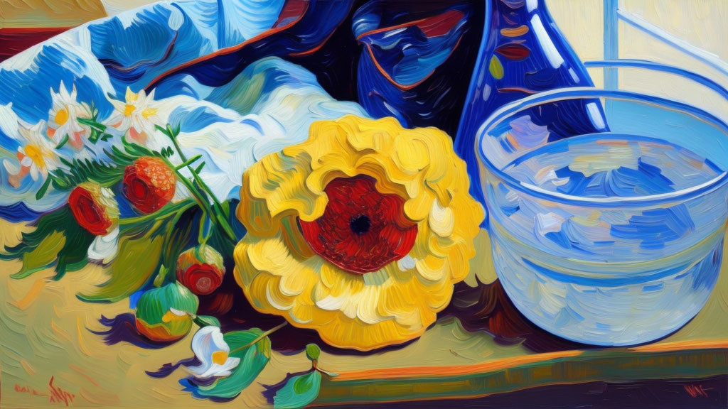 Bright yellow flower, cherries, daisies, and glass of water on a table