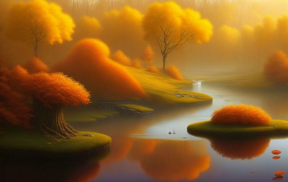 Golden Trees and Serene River in Misty Autumn Scene