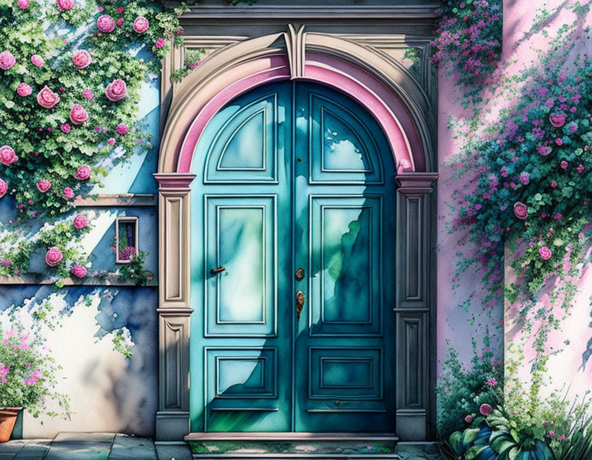 Turquoise Arched Double Door with Pink Roses and Greenery