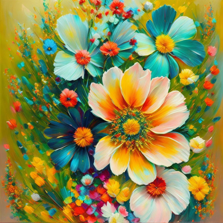 Colorful Flower Painting with Yellow and Blue Petals on Yellow Background