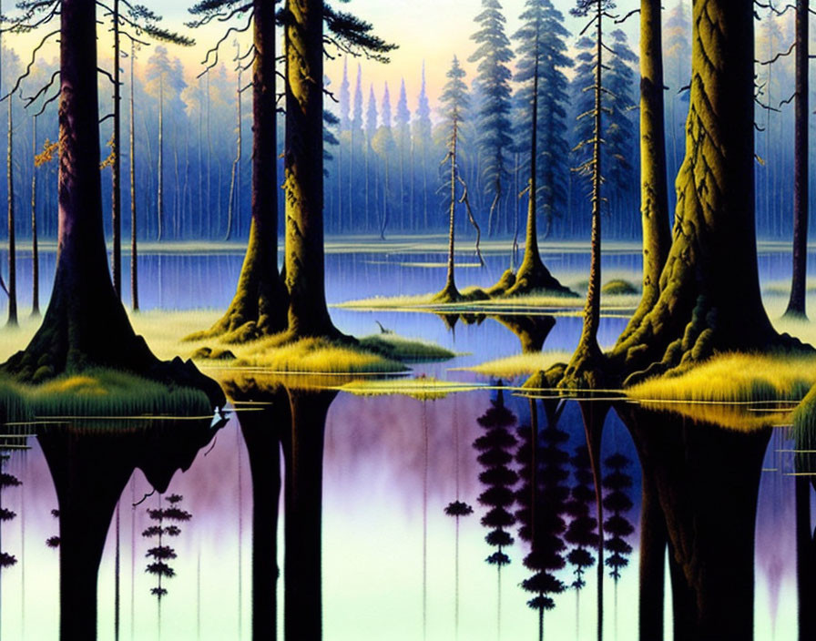 Twilight sky reflects mystical forest in tranquil water