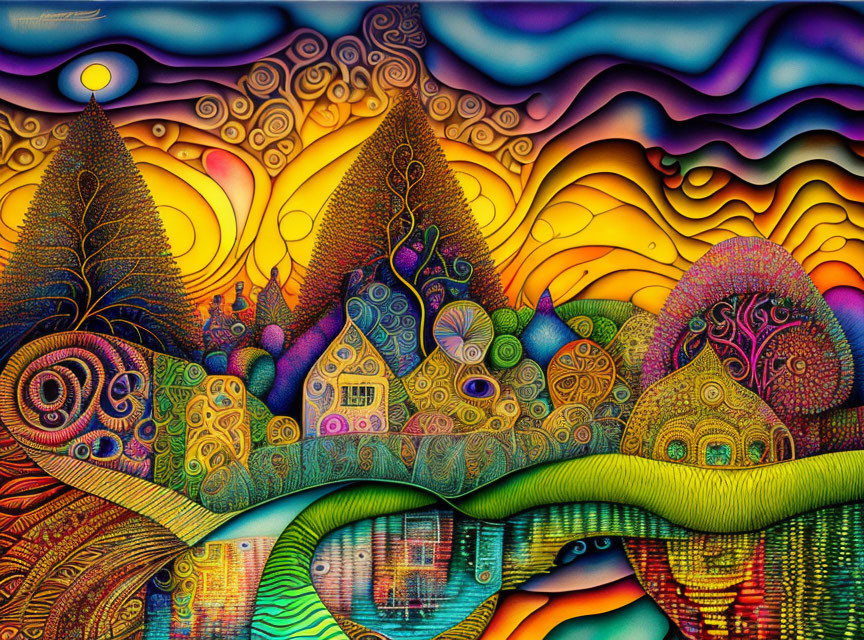 Colorful psychedelic landscape with swirling patterns and whimsical hills