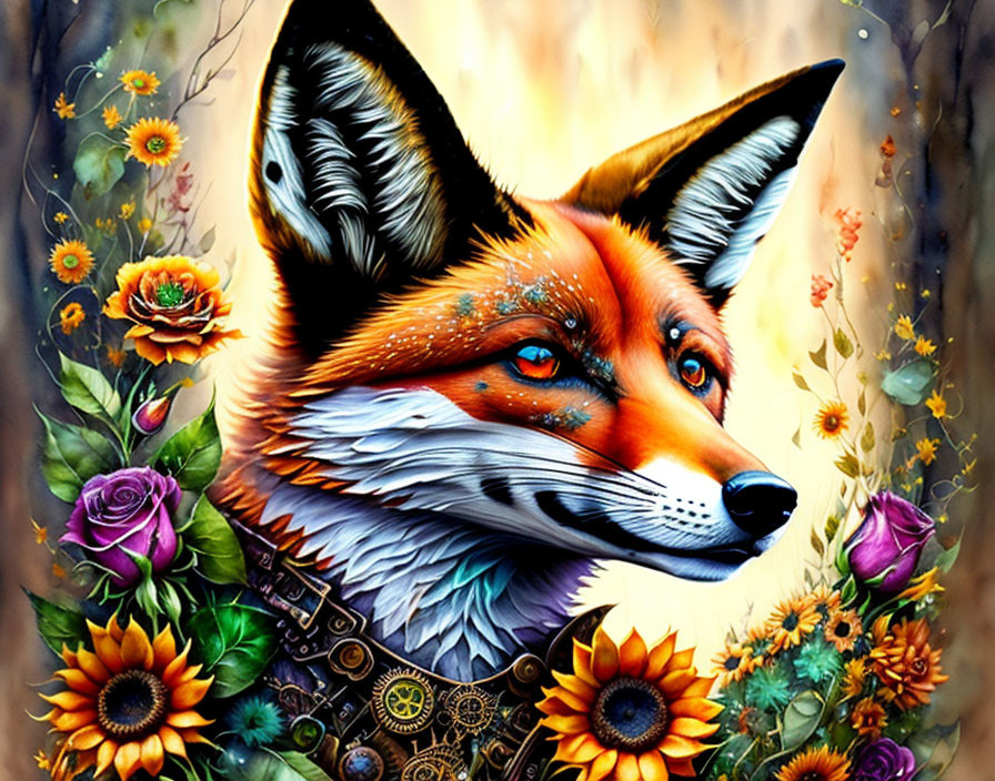 Vibrant fox illustration with intricate fur, floral, and mechanical elements