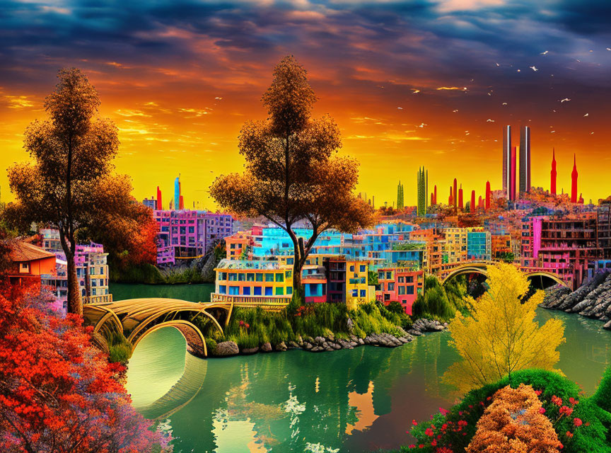 Cityscape with colorful buildings, lush trees, stone bridge, and sunset sky