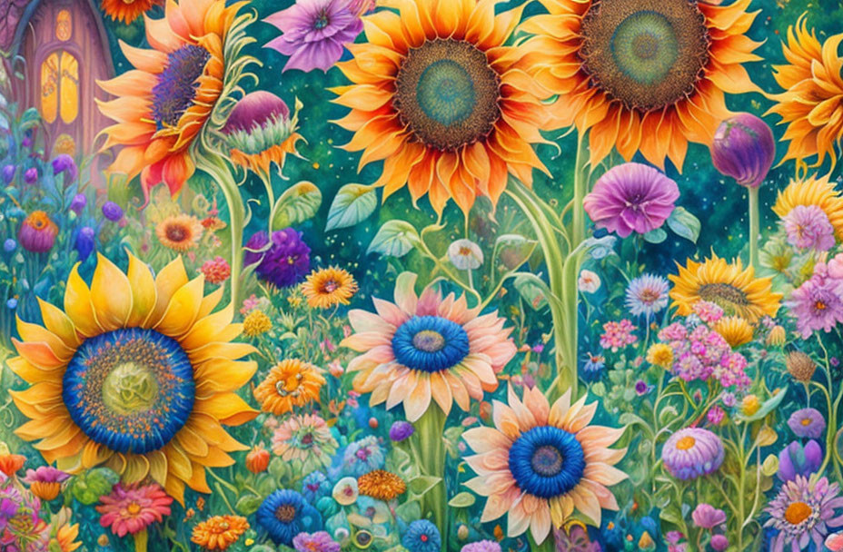 Colorful garden painting with sunflowers, assorted flowers, and whimsical door.