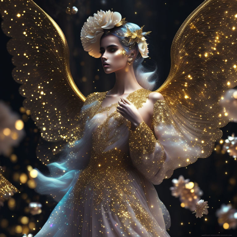 Golden-winged female figure in celestial gown with sparkling lights and flowers