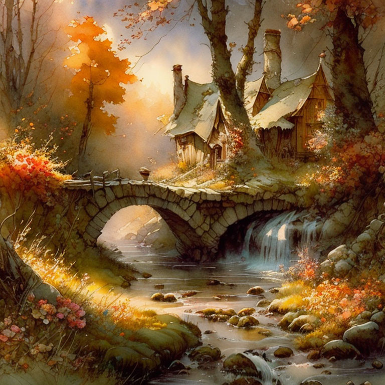 Cozy cottage by stone bridge in vibrant autumn setting