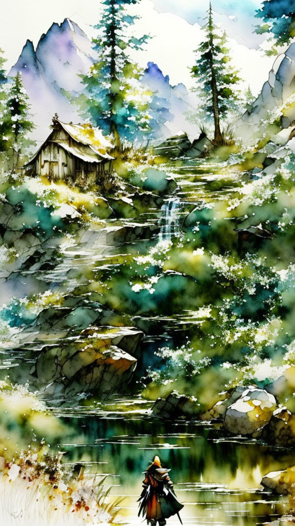 Tranquil watercolor painting of mountains, waterfall, cabin, trees, and person by pond