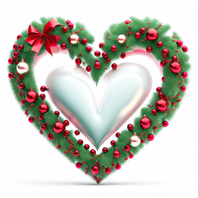 Heart-shaped Christmas wreath with red balls, greenery, and bow