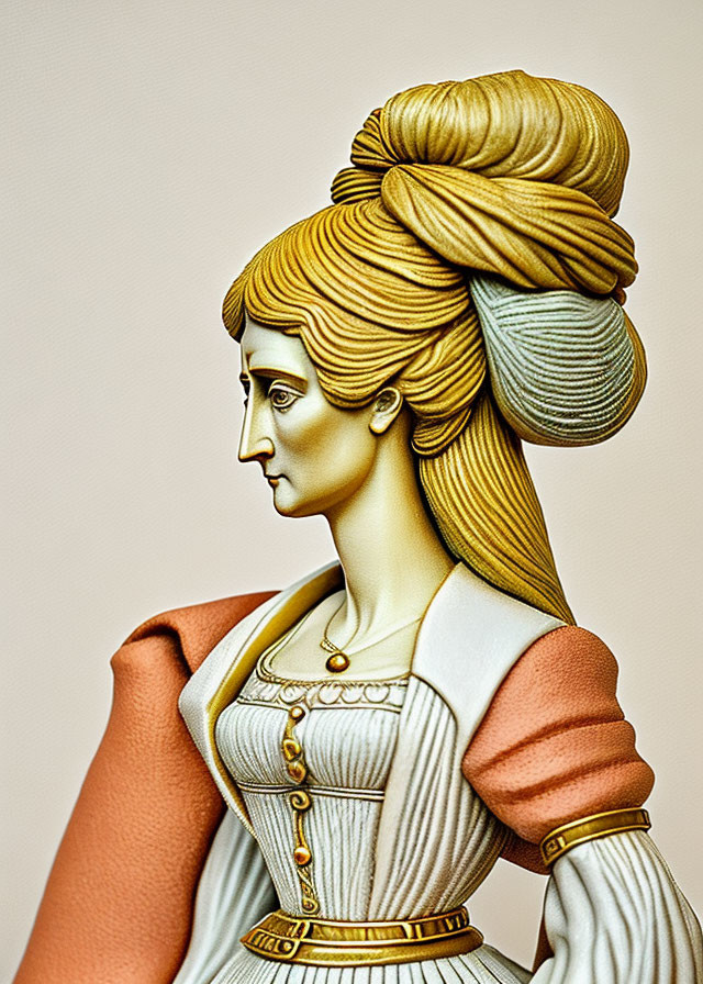 Traditional dress figurine with high bun hairstyle and corset.