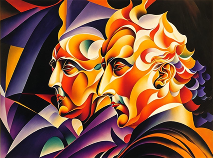 Colorful Abstract Painting Featuring Stylized Faces and Geometric Shapes