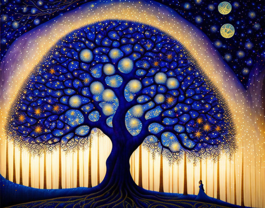 Stylized image of person gazing at illuminated tree in starry night sky