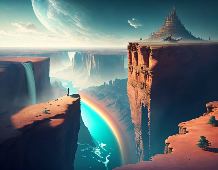 Person overlooking canyon with rainbow bridge, celestial body, and distant temple