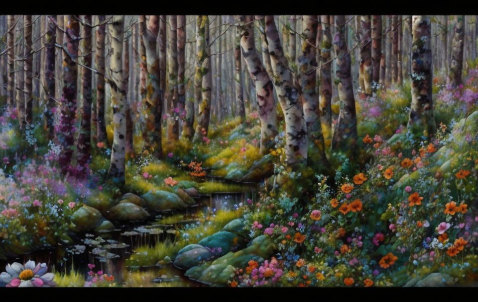 Colorful Forest Painting with Flowers, Stream & Birch Trees