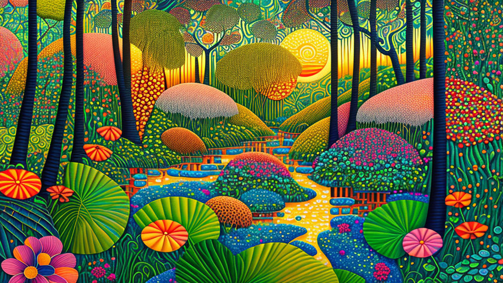 Psychedelic forest scene with vibrant colors and intricate patterns