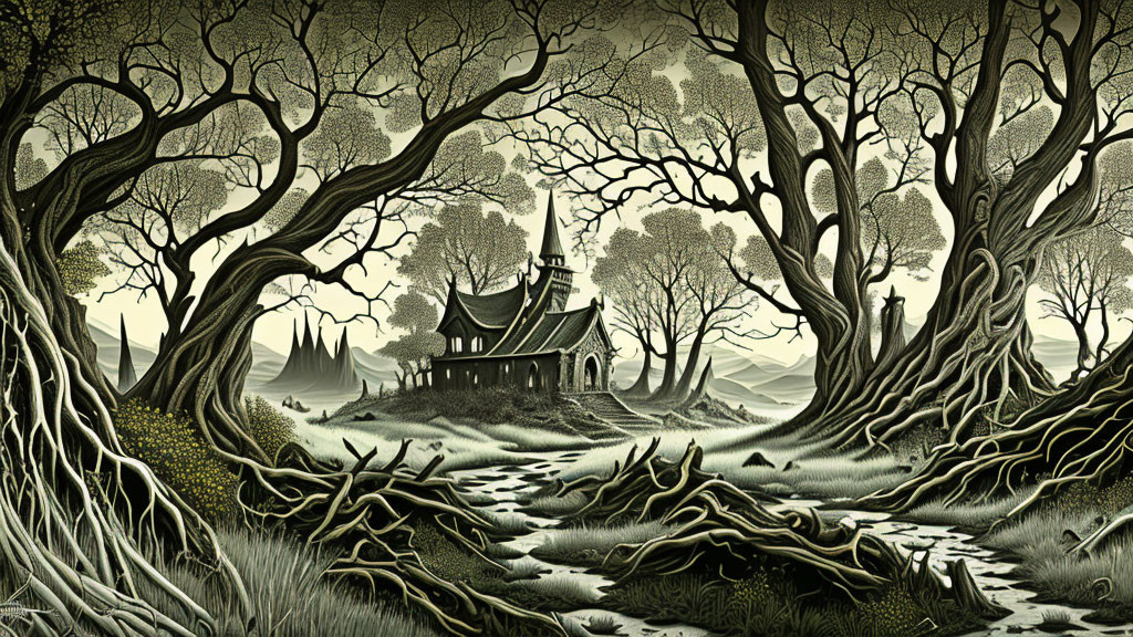 Monochrome illustration of dense forest with old-fashioned house surrounded by twisting trees.